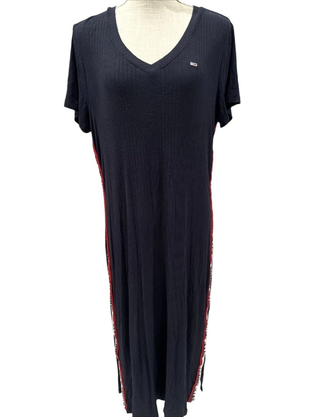 Tommy Jeans Black V-Neck Midi Sport Dress With Red & White Side Stripes L